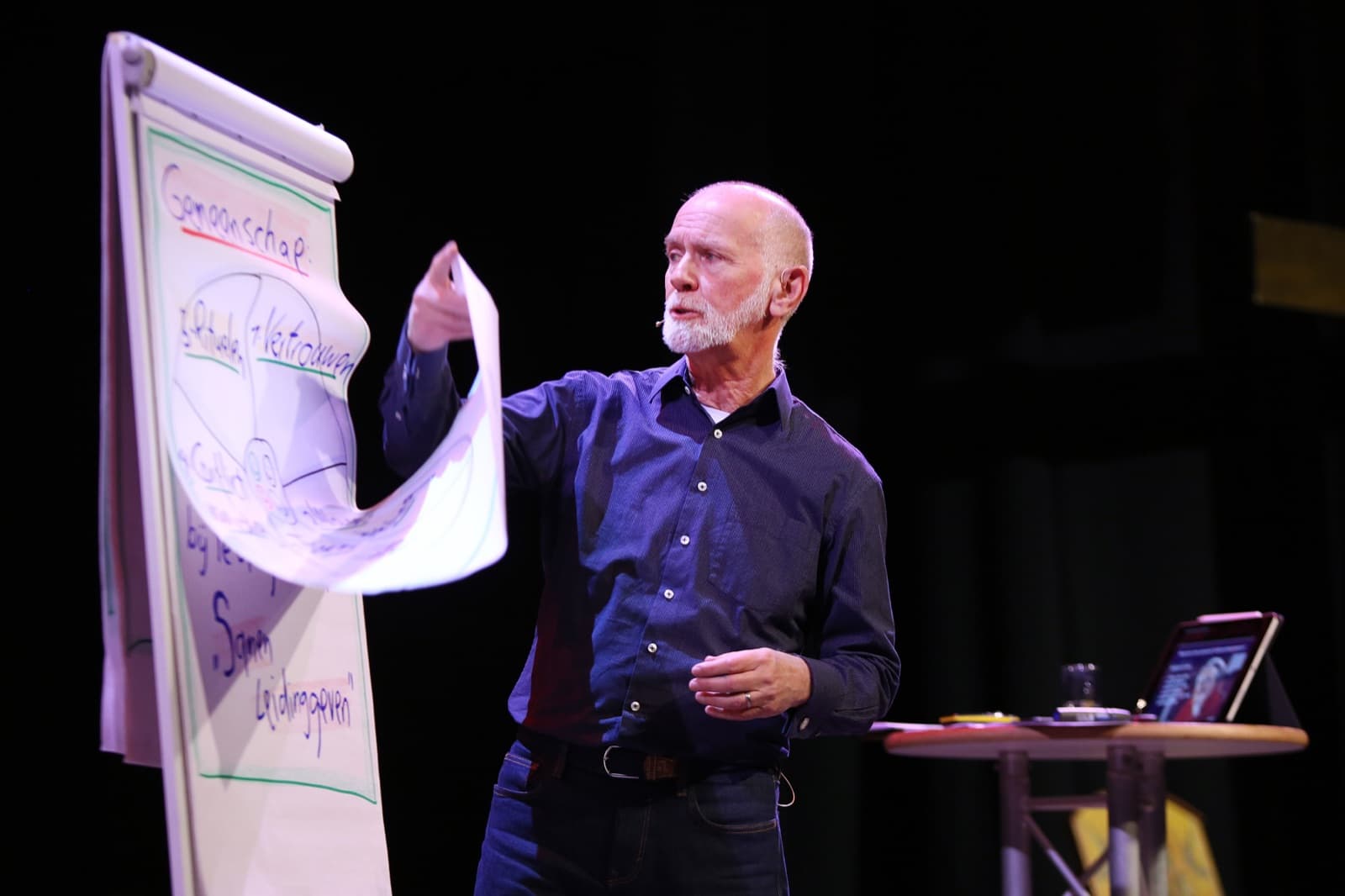 Paul Donders sul palco accanto a una lavagna a fogli mobili, mentre parla di comunità e leadership condivisa